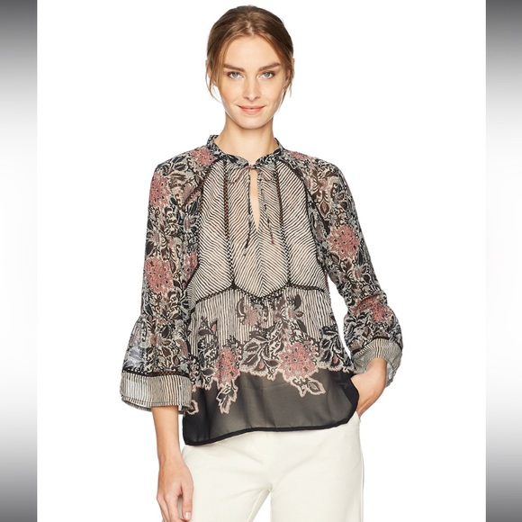 NWT Lucky Brand Boho Mixed Print Top 3/4 Bell Sleeve
Floral Striped Black Sz L - Picture 3 of 10